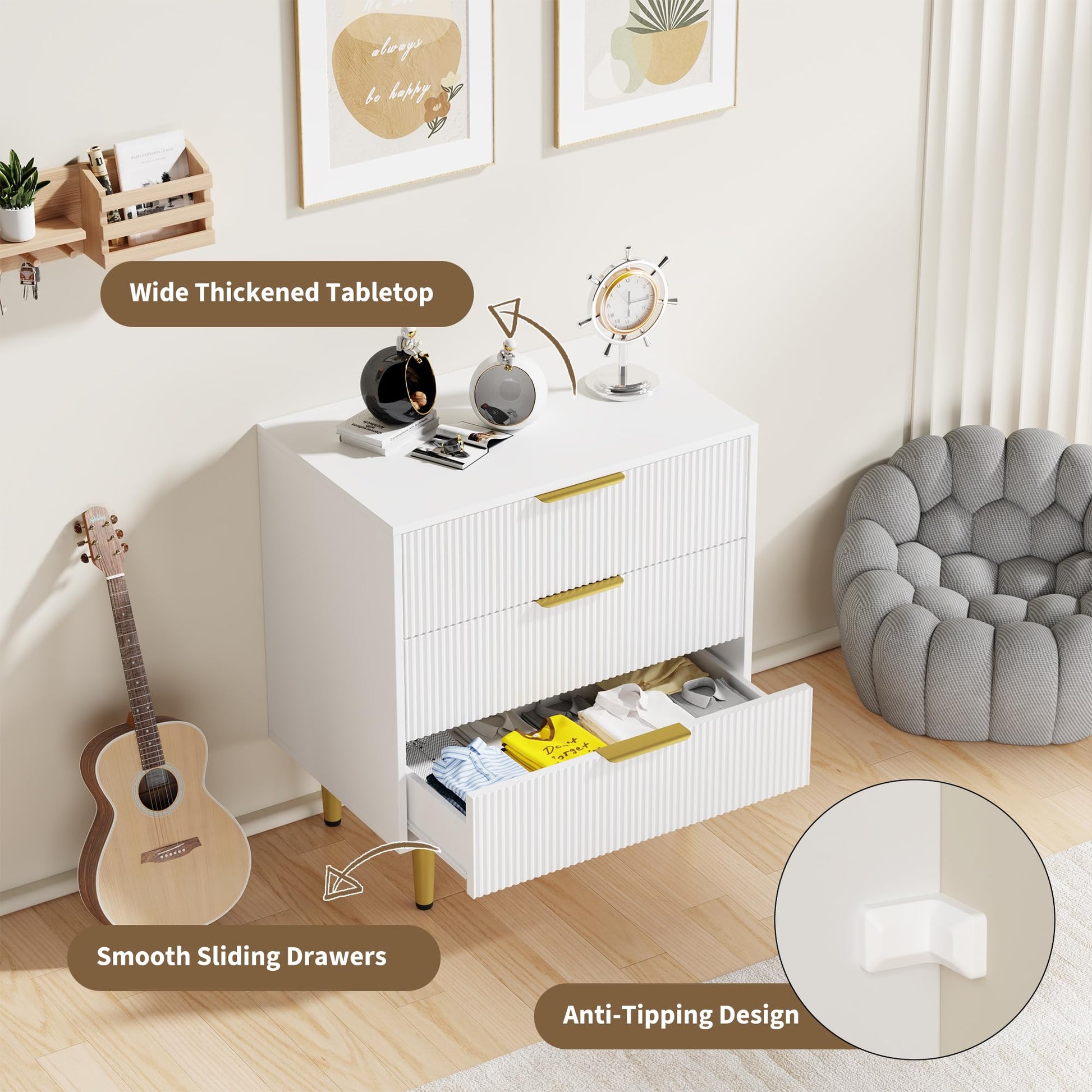 Cassettiera scanalata Garvee da 3 a 6 cassetti in MDF, manici in metallo, gambe bianche, nere, verdi naturali, moderna e minimalista, camera da letto, soggiorno