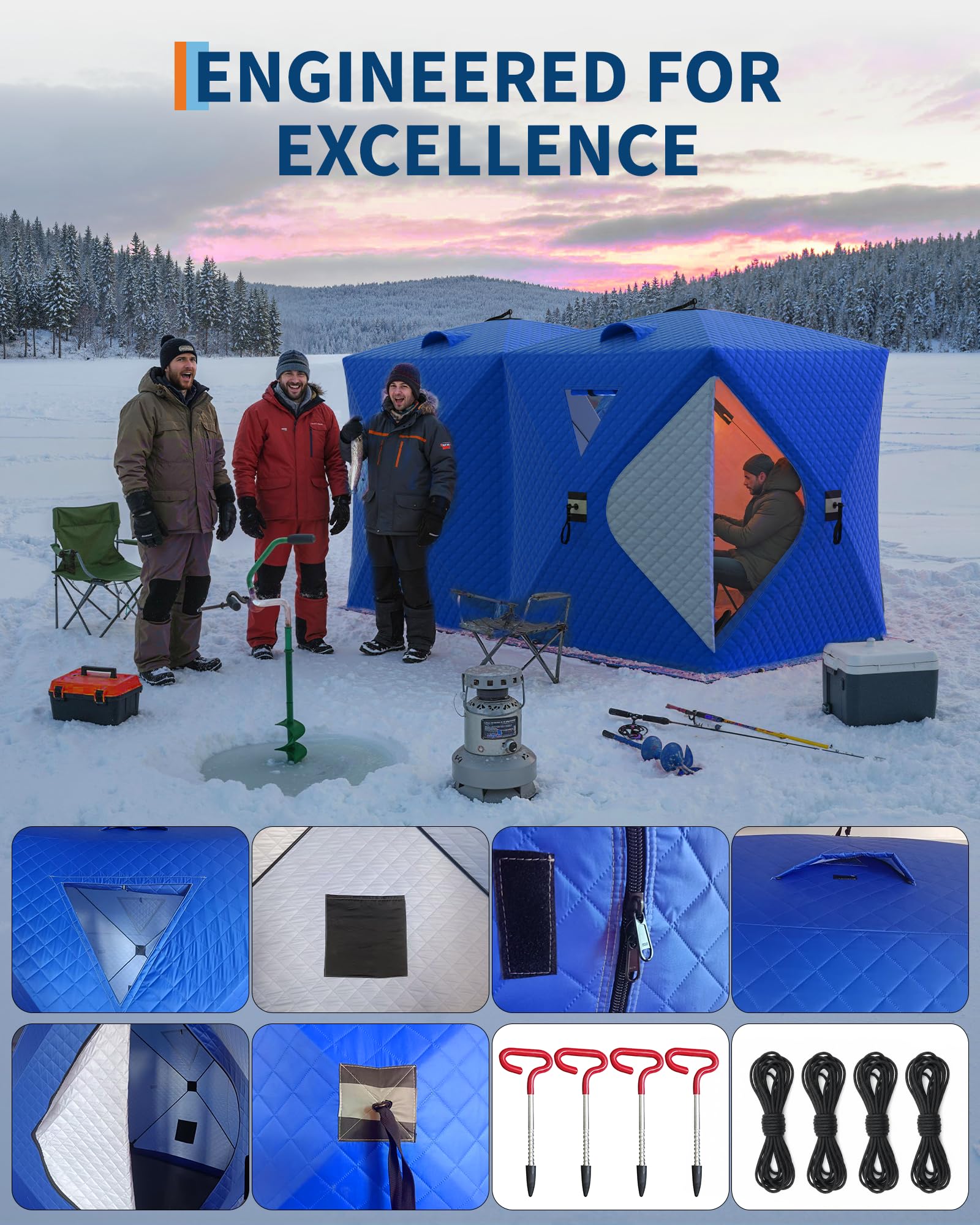 Tenda da pesca sul ghiaccio Garvee Pop-Up, tessuto Oxford 210D, isolata, antivento, per 6-8 persone, pesca invernale, con ancore e corde