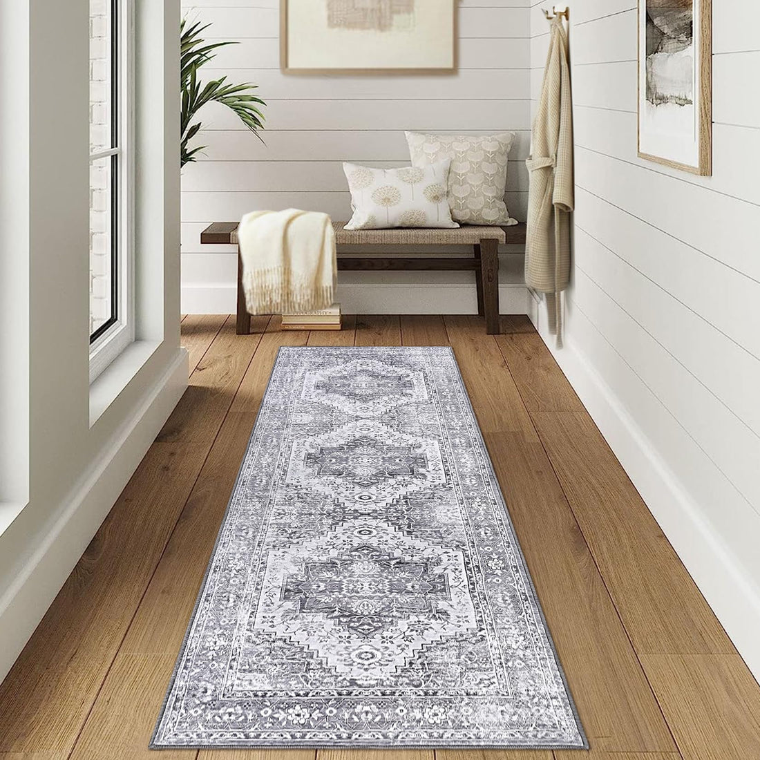 Tappeto Garvee Vintage Runner 60 x 230 cm Grigio Motivo Floreale