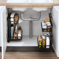 Organizzatore per lavello da cucina Garvee, 2 ripiani, autoadesivo, metallo, estensibile, per cucina e bagno, 40 cm, argento