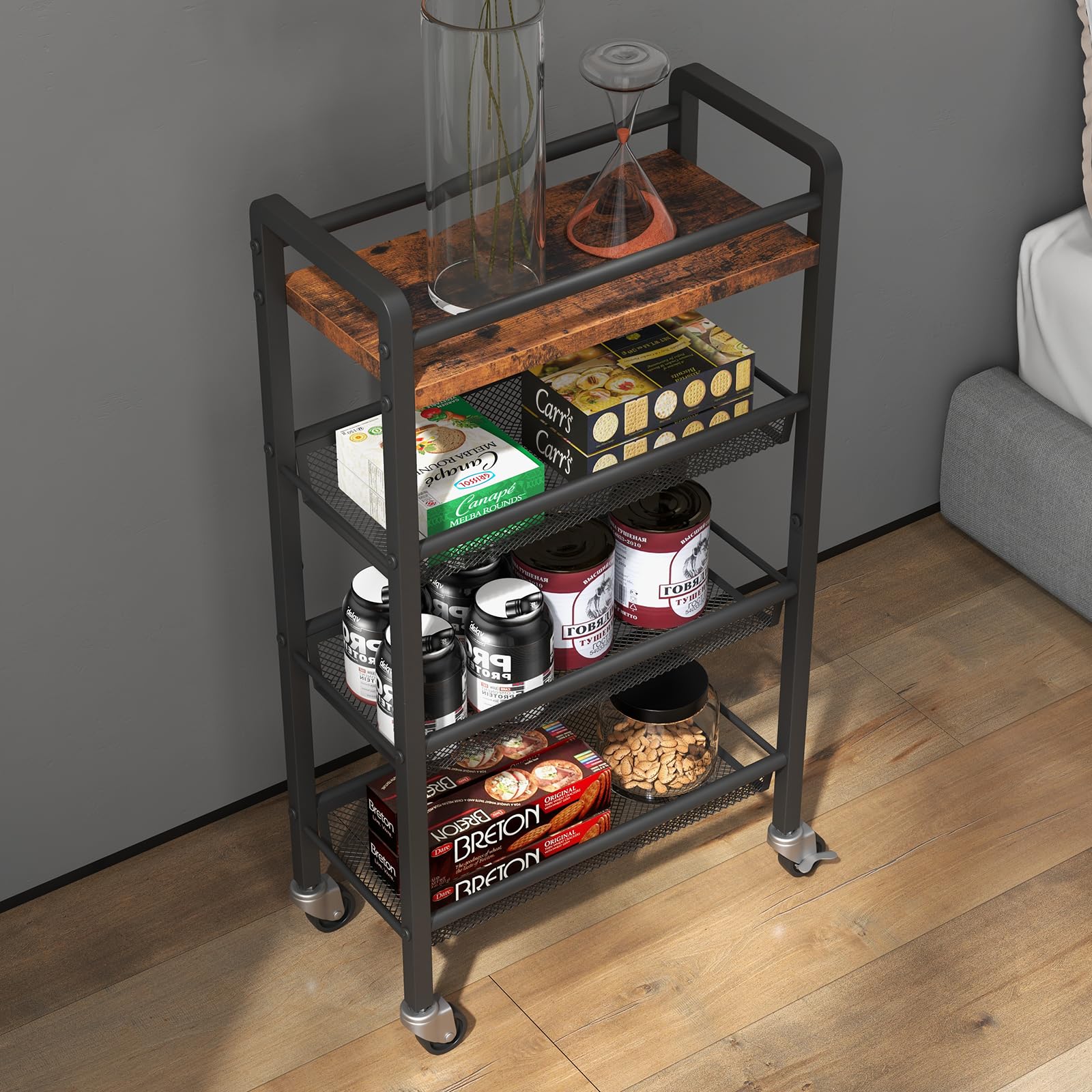 Garvee Chariot De Rangement À 4 Niveaux Mit Paniers Extractibles Und Roulettes Für Küche und Service, 41.3x20.2x81.7 cm, Braun Schwarz