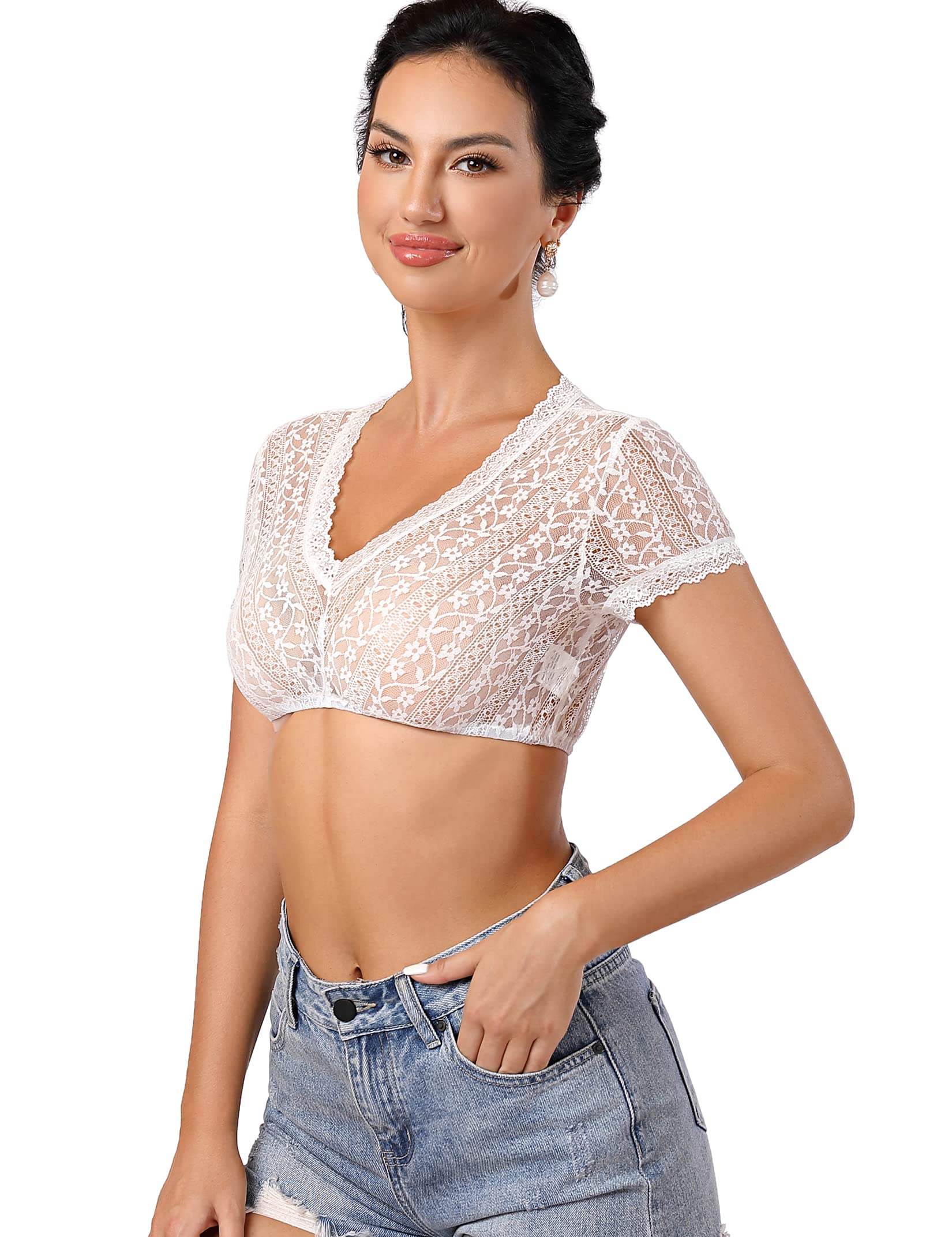 Camicetta Dirndl Garvee da donna, pizzo bianco, scollo a V, manica corta, per l'Oktoberfest, bianca - B 34