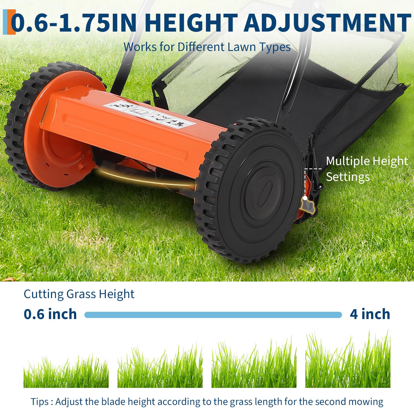 Tosaerba Manuale Garvee 14" 5 Lame Acciaio - Regolabile, Silenzioso, Ecologico con Raccoglierba | Perfetto per Festa del Papà e Cura Giardino