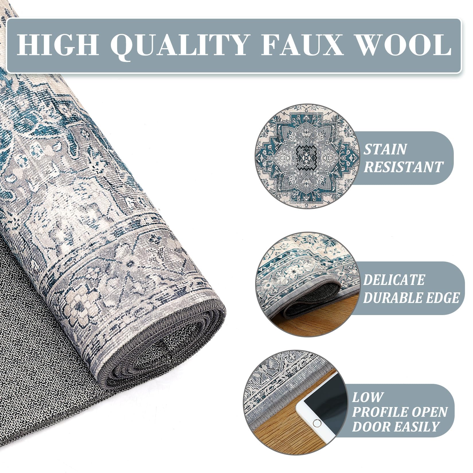 Garvee Teppichläufer Vintage Grau Blau Schmutzabweisend Waschbar Polyester Kaschmirimitat Rutschfest Flachflor 60x230 cm Für Flur Wohnzimmer