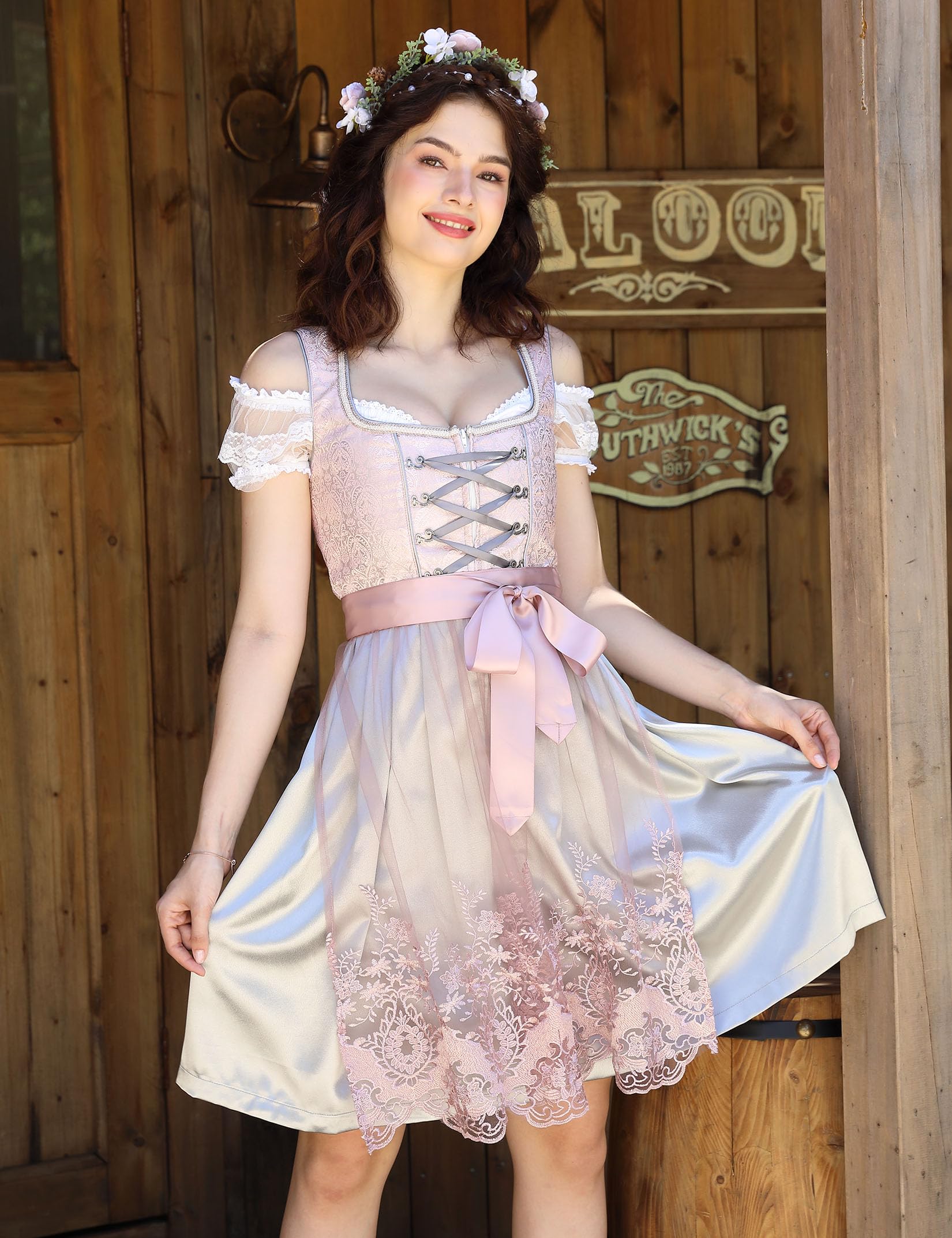 Garvee Dirndl - Abito tradizionale midi da donna, set completo da 3 pezzi per l'Oktoberfest, grigio, taglia 46
