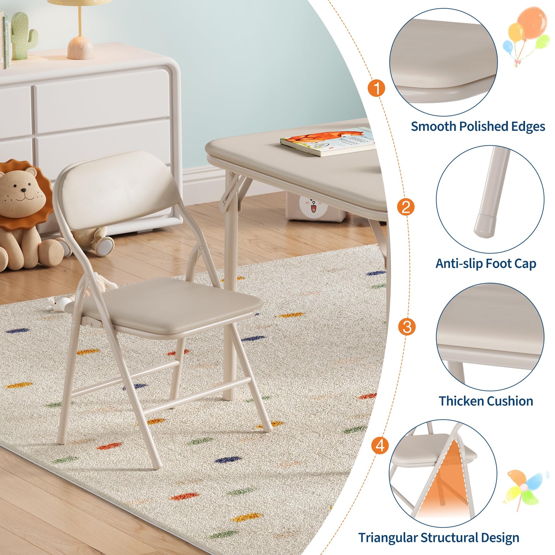 Set tavolo e sedie pieghevoli per bambini Garvee da 5 pezzi, struttura in metallo, similpelle, per sala giochi e campeggio, pieghevole, sicuro, stabile