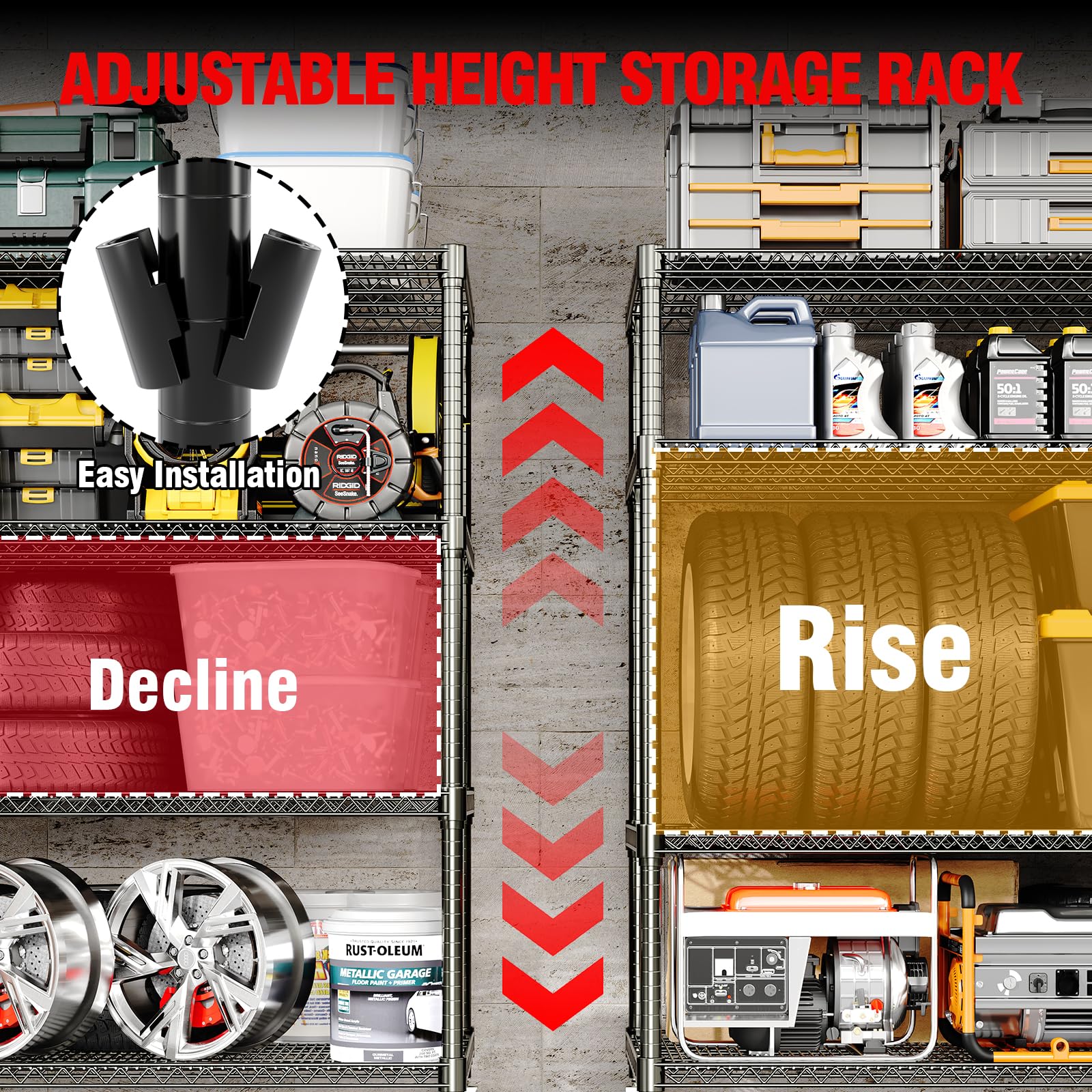 Garvee Scaffale portaoggetti per carichi pesanti da 73" di altezza, 2640 libbre, con ruote e piedini per garage e cucina, regolabile, acciaio al carbonio, 4 livelli, nero