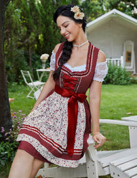 Garvee Abito tradizionale da donna Dirndl Midi Borgogna Floreale Taglia 34 - Set tre pezzi Abito Camicetta Grembiule per l'Oktoberfest
