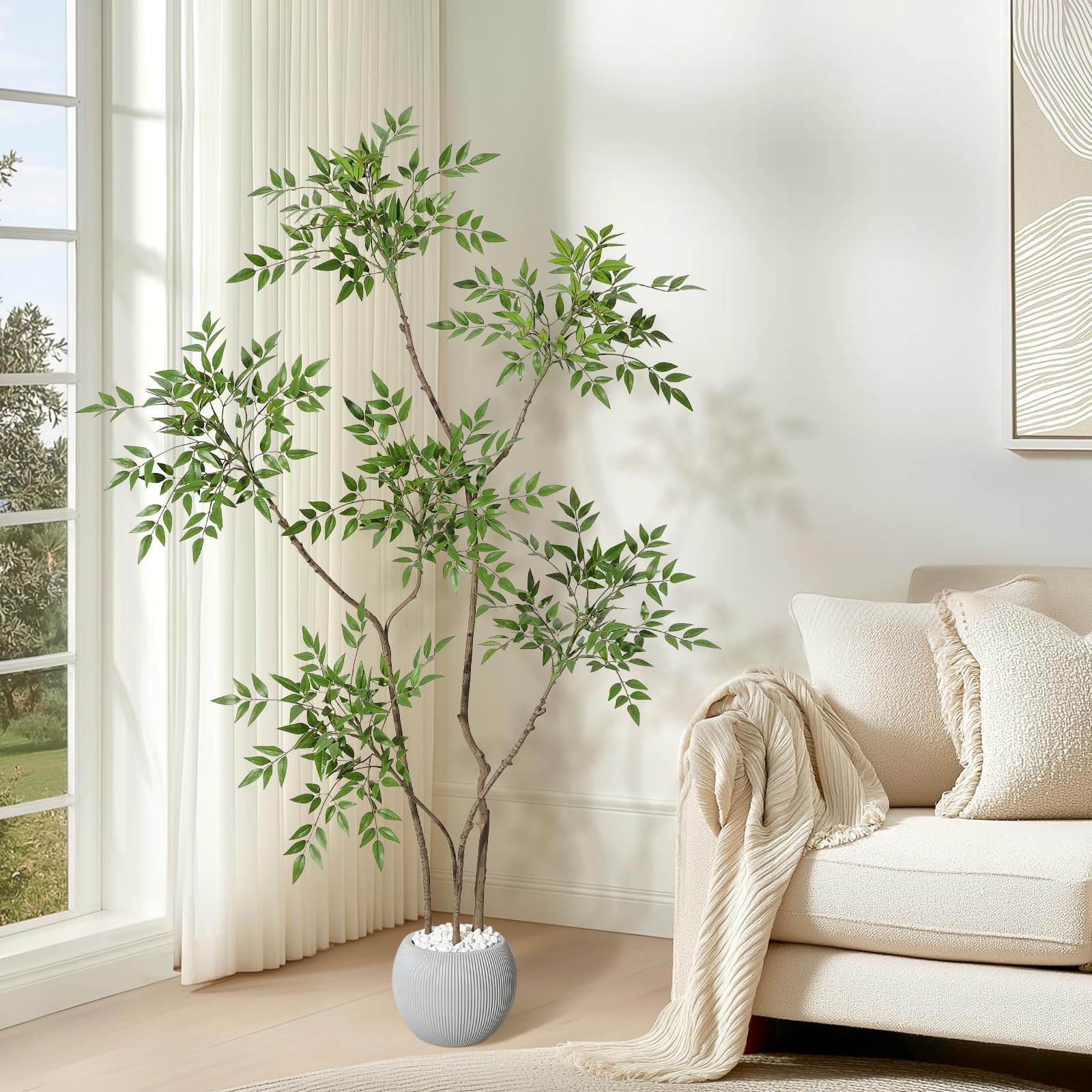Fiore artificiale Nandina Garvee da 1,5 m con vaso in ceramica grigia per arredamento interno, soggiorno, ufficio, facile da curare, foglie realistiche