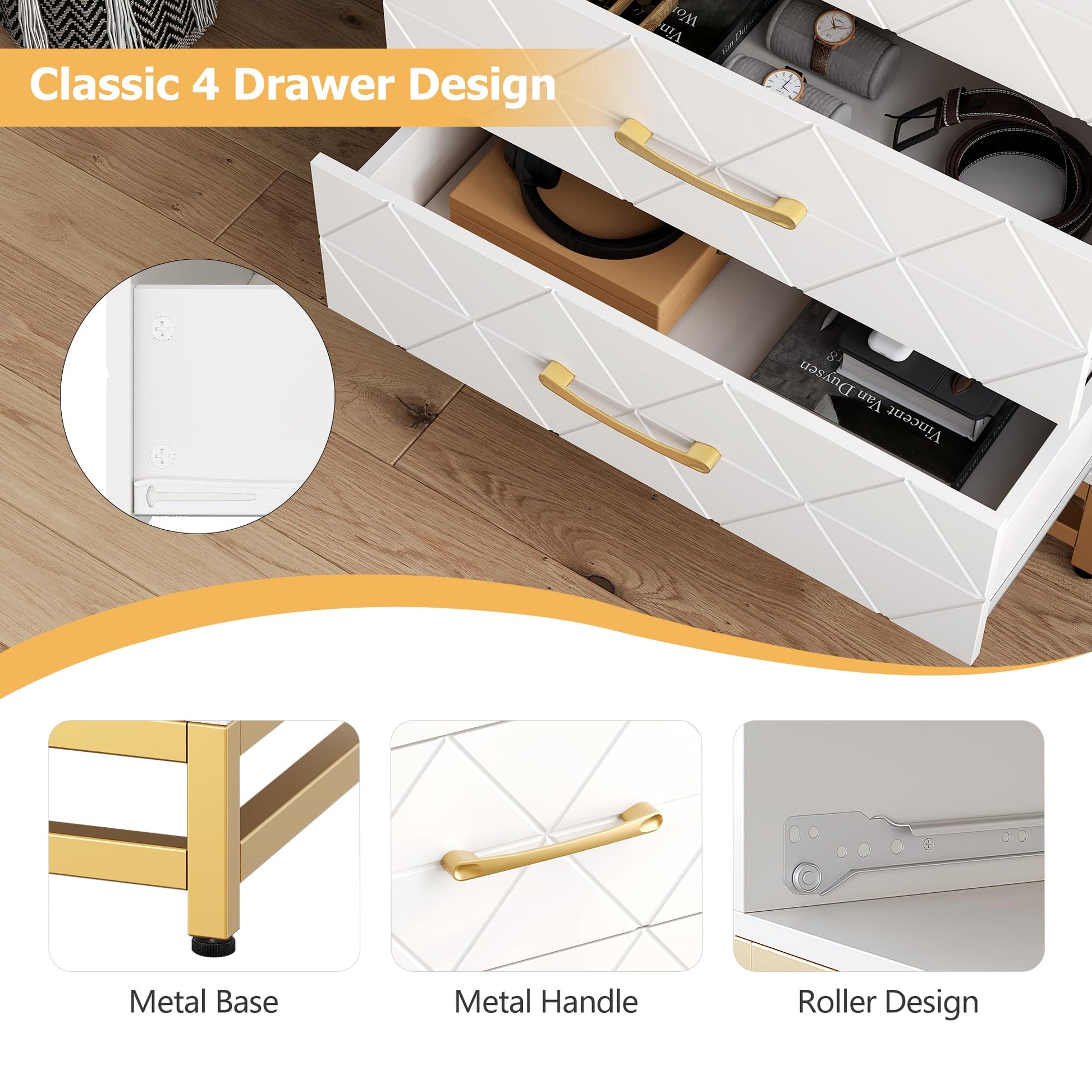 Cassettiera Garvee per camera da letto, 4 cassetti, moderna, maniglie in metallo, legno MDF, bianco, robusta, ampio spazio per l'archiviazione, per ufficio o soggiorno