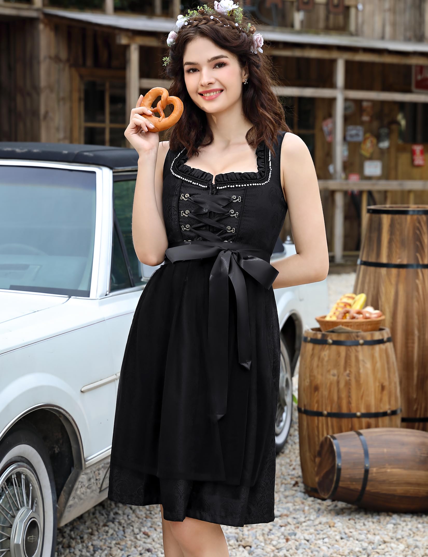 Abito Dirndl Garvee con grembiule in pizzo per l'Oktoberfest, nero, taglia 44, alta qualità