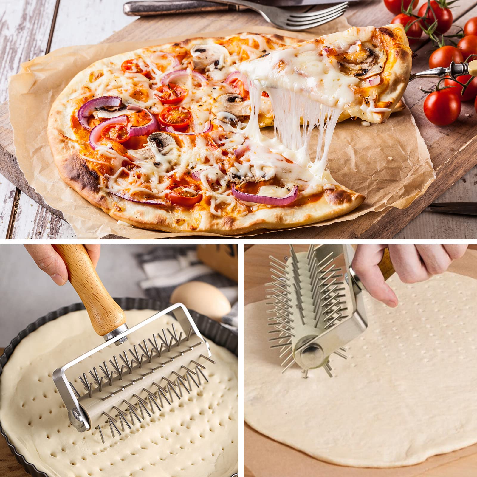 Garvee Pizza Dough Docker, perforatore per pizza in acciaio inox con manico in legno per pizzeria e panetteria, 20,5x13,3x5 cm, argento