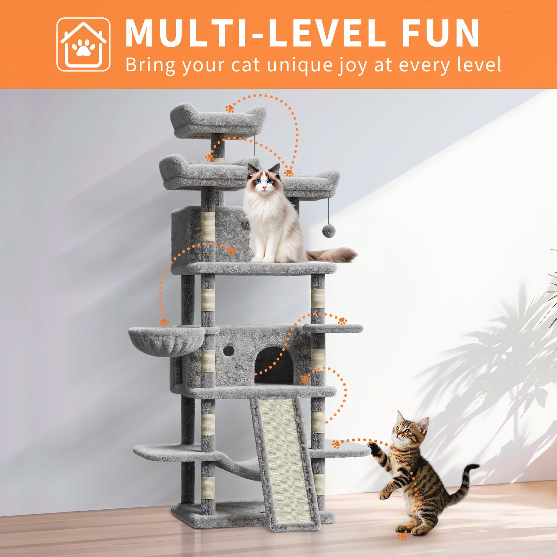 Albero per gatti Garvee Large Multi-Level da 68,5" per gatti di grandi dimensioni, 9 kg+, torre robusta con tiragraffi in sisal e amache, realizzato in legno e peluche per uso interno.