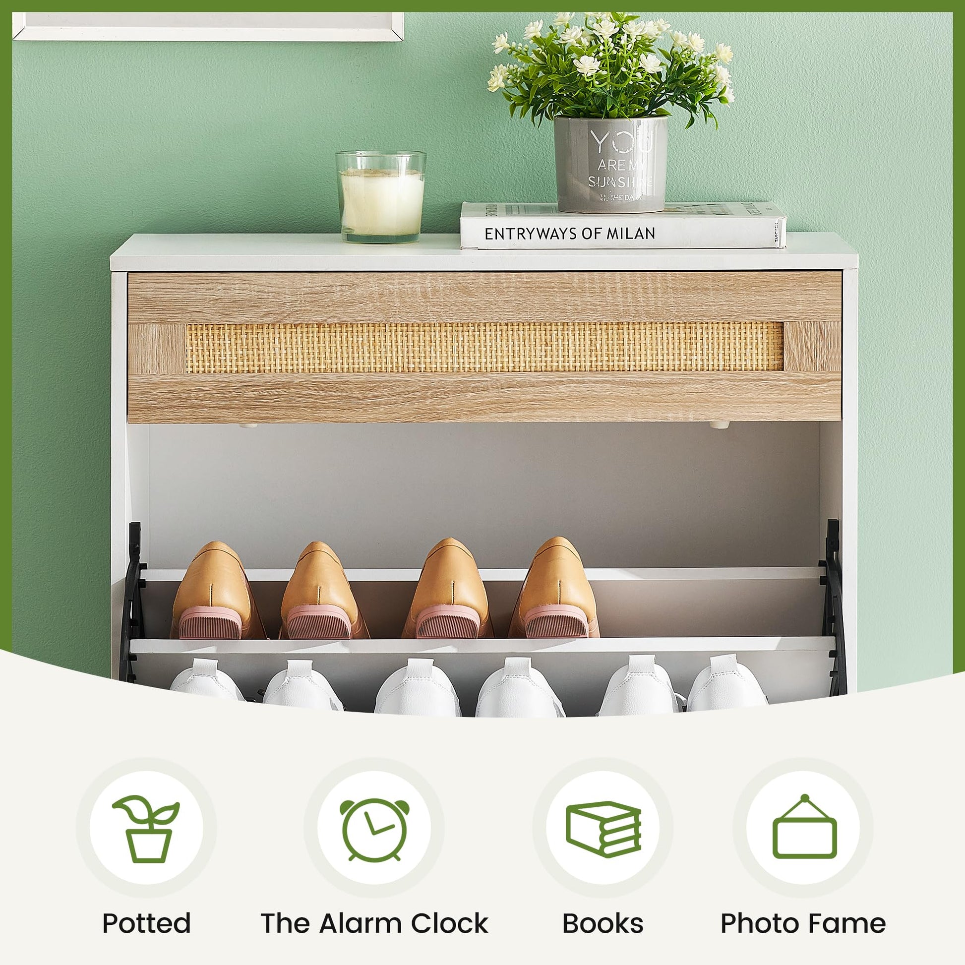 Scarpiera Garvee in rattan con 3 cassetti e ripiani regolabili per corridoio e ingresso, MDF e rattan, sottile, antiribaltamento, colore naturale