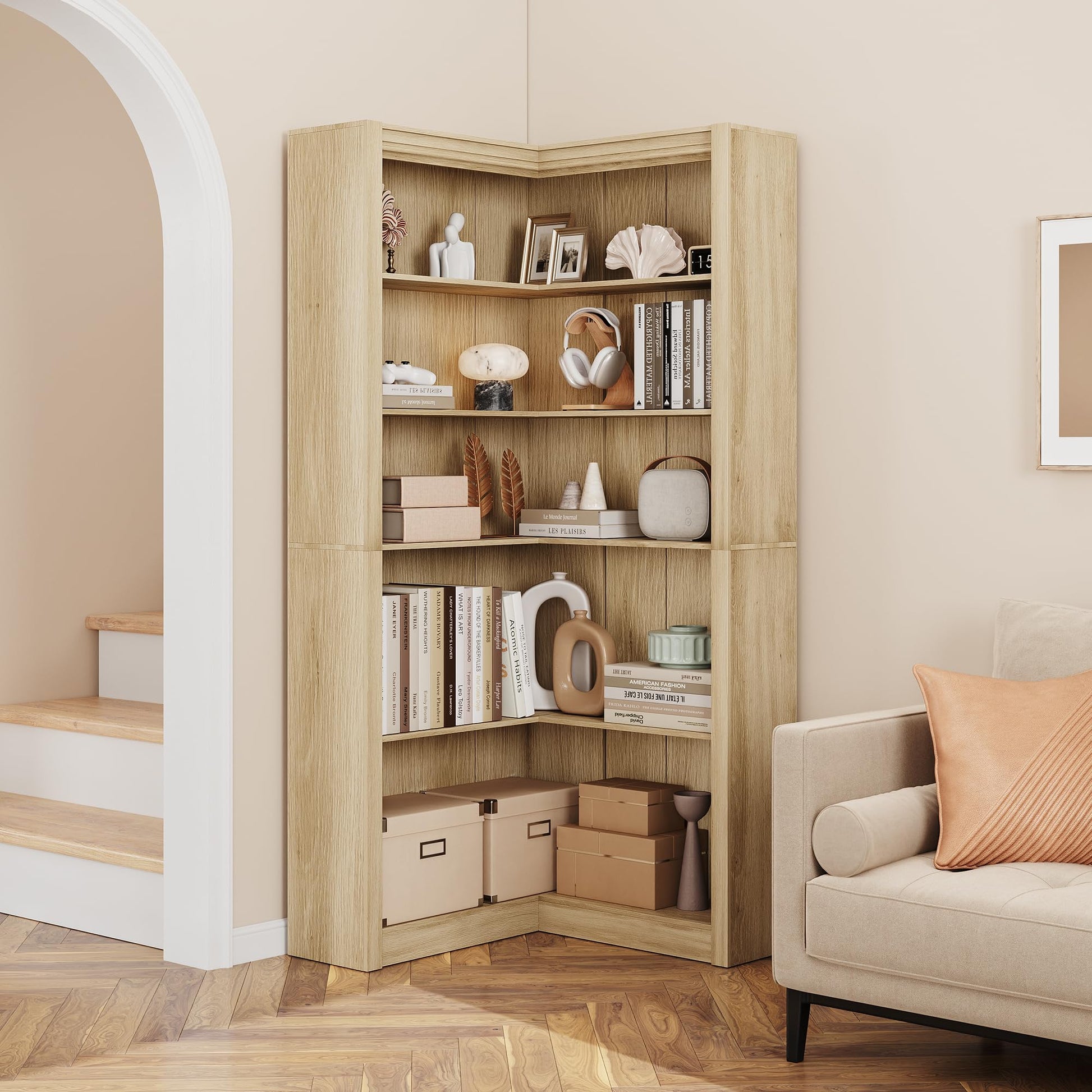 Mensola angolare Garvee da 71,8" a forma di L in stile rustico, a 5 ripiani, in MDF, antigraffio, stabile, con kit antiribaltamento, per soggiorno, bianco