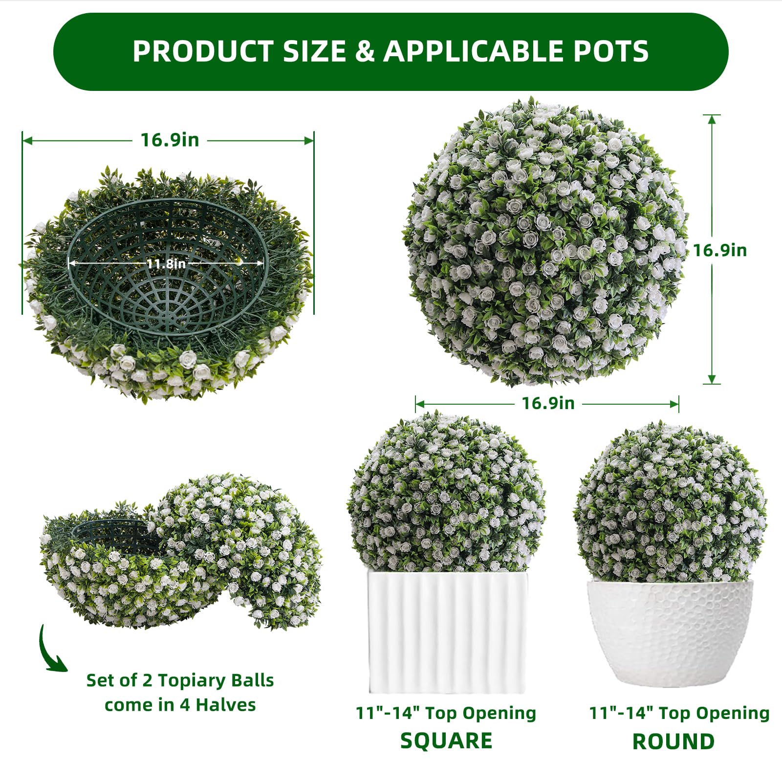 Garvee, palline di fiori artificiali da 17 pollici, set da 2, resistenti alle intemperie, facili da pulire, materiale PE, per giardino e matrimonio, verde
