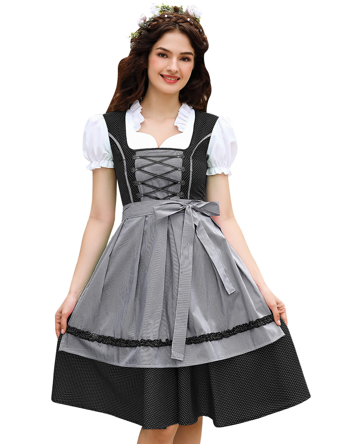 Abito tradizionale midi da donna Garvee Dirndl, nero, taglia 38, per l'Oktoberfest, in cotone floreale, scollo a V, bottoni esclusivi
