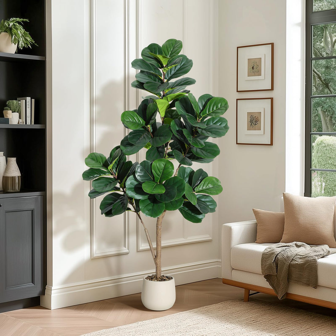 Albero artificiale Garvee Ficus Lyrata da 5 piedi con vaso bianco per la decorazione del soggiorno, PVC+PE, base in cemento stabile, 77 foglie realistiche
