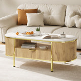 Garvee Tavolino da Caffè Ovale Moderno Lusso con Cassetto, Piano in Marmo Finto, Metallo Oro, Rovere Naturale, Soggiorno Elegante - Natural Oak