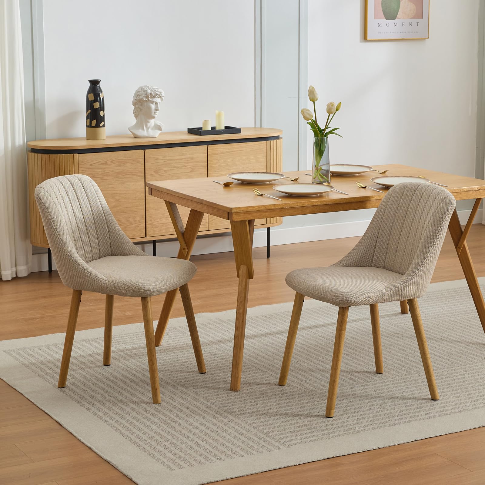 Set di 2 sedie da pranzo Garvee, rivestimento in tessuto, schienale ergonomico, elevato comfort, legno di quercia, bianco sporco, sala da pranzo moderna