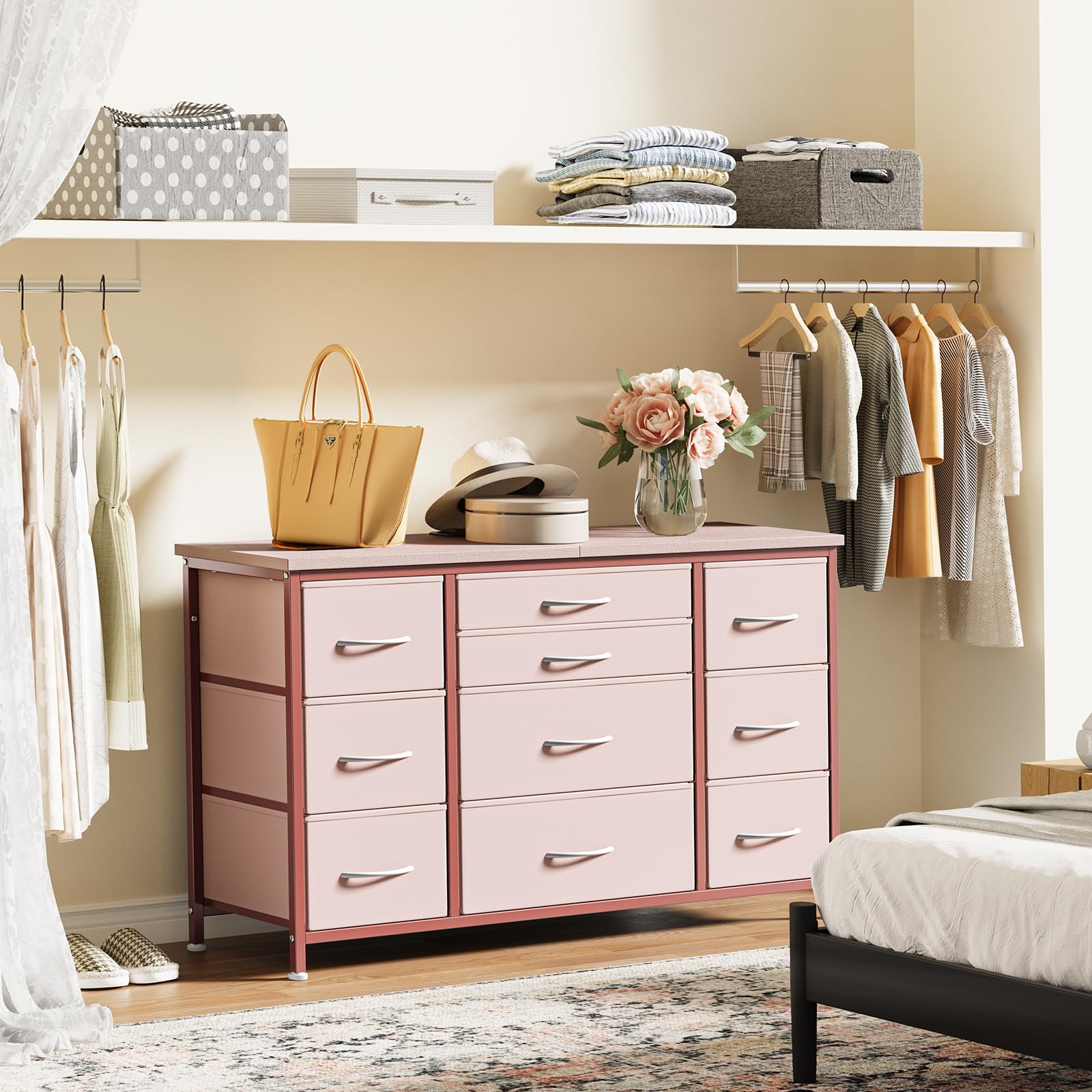 Cassettiera GARVEE con cassetti, credenza con 10 cassetti in tessuto e 3 prese di corrente, cassettiera per soggiorno, credenza per ingresso, mobile contenitore con rivestimento in tessuto, robusta struttura in metallo, piano in legno