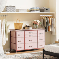 Cassettiera GARVEE con cassetti, credenza con 10 cassetti in tessuto e 3 prese di corrente, cassettiera per soggiorno, credenza per ingresso, mobile contenitore con rivestimento in tessuto, robusta struttura in metallo, piano in legno