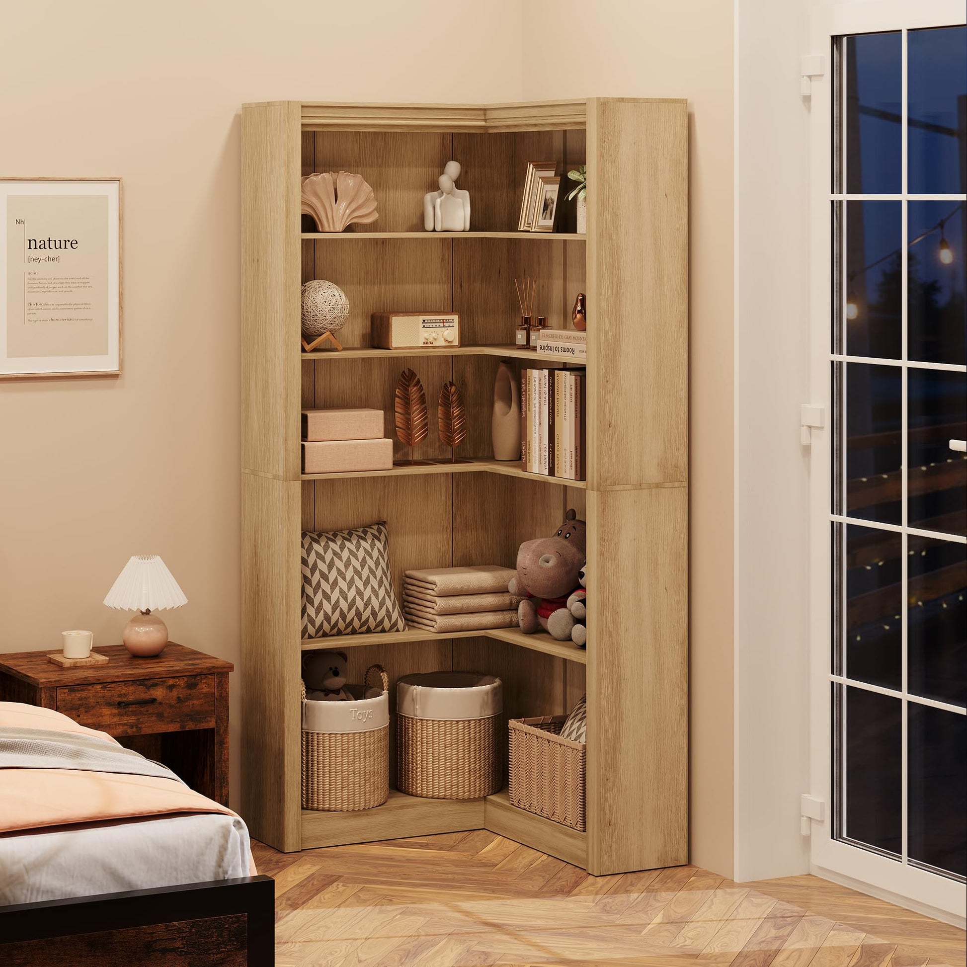 Mensola angolare Garvee da 71,8" a forma di L in stile rustico, a 5 ripiani, in MDF, antigraffio, stabile, con kit antiribaltamento, per soggiorno, bianco