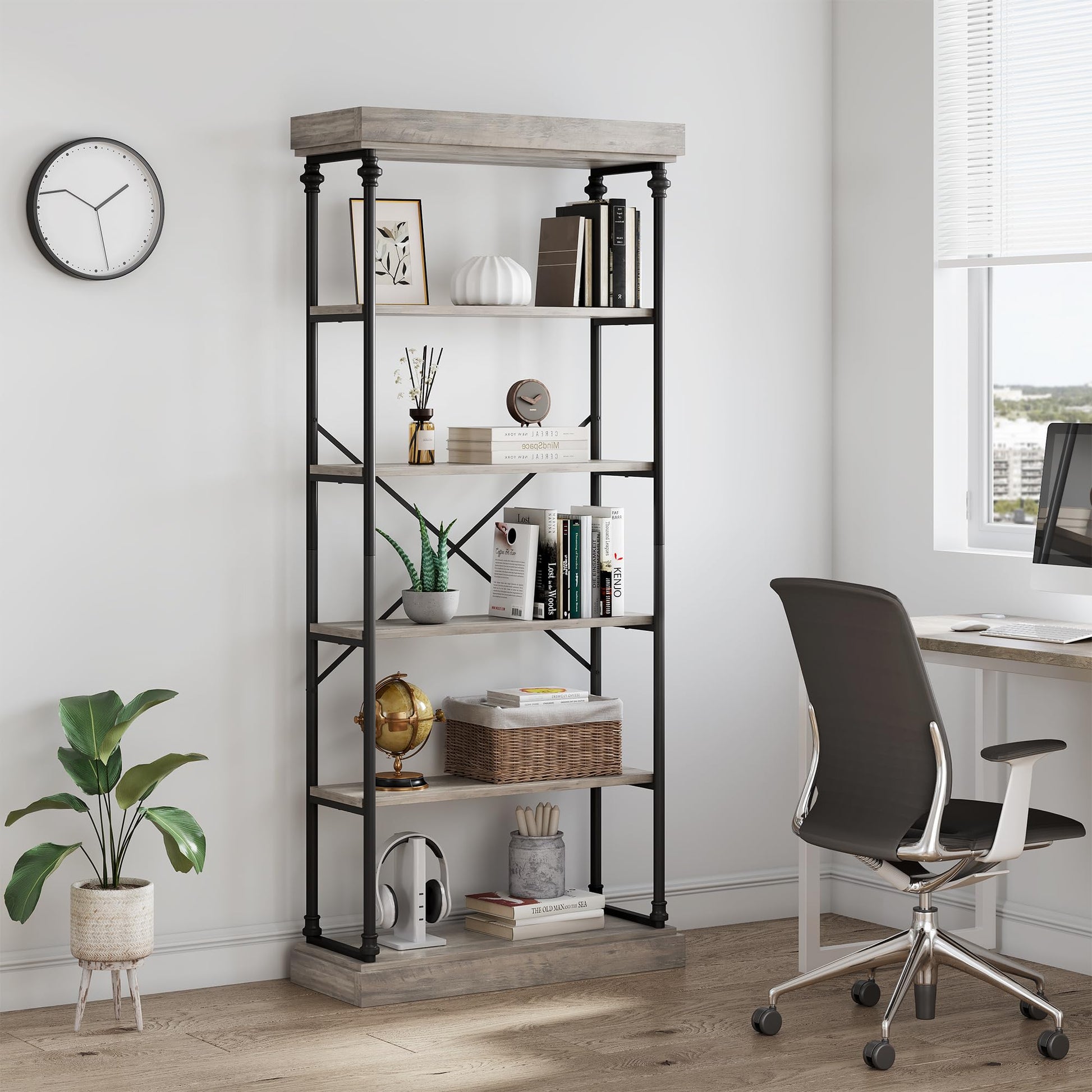 Libreria Garvee Industrial a 6 ripiani con struttura in metallo per soggiorno e ufficio, 73,6"x31,5"x11,8", stile vintage