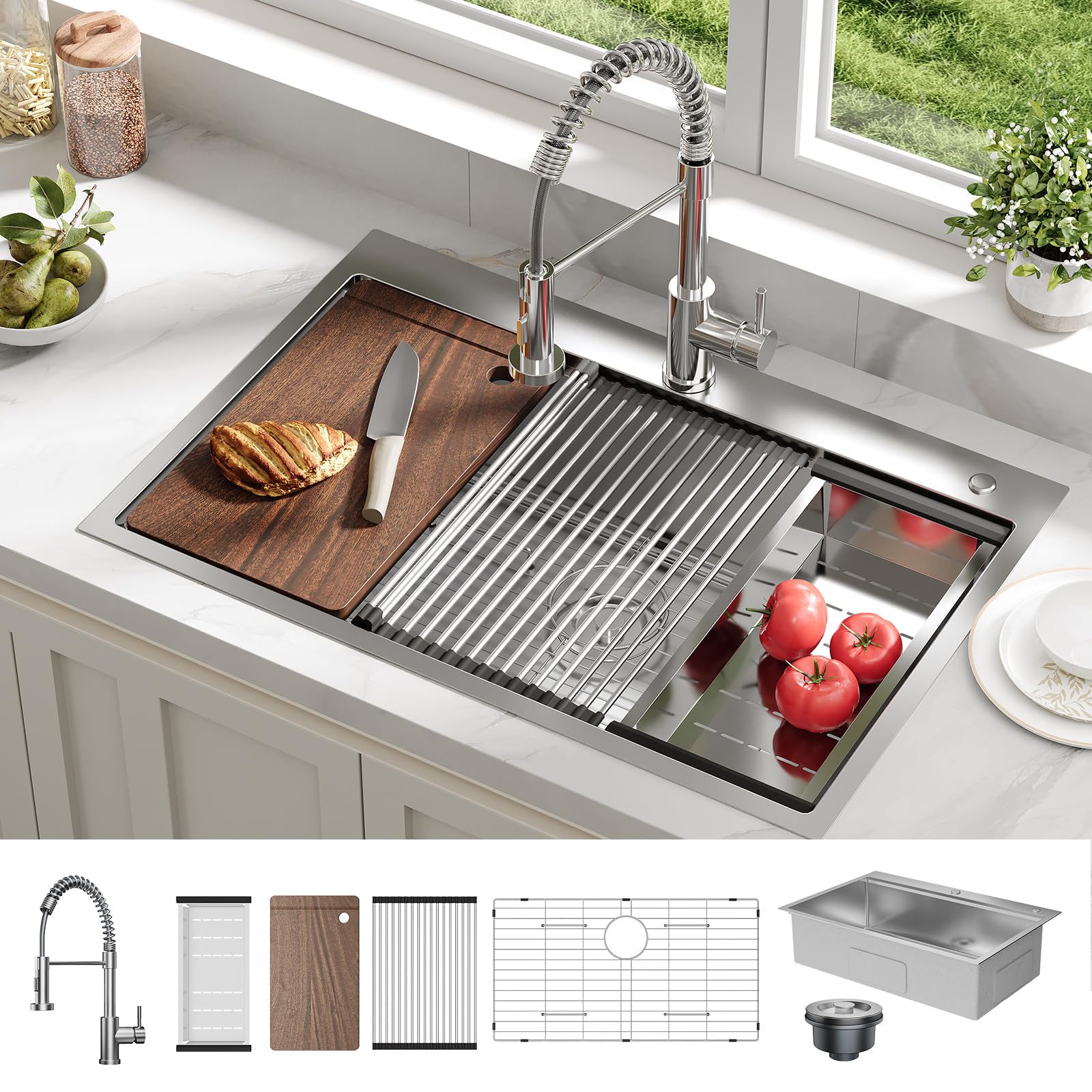 Lavello da incasso Garvee in acciaio inox con 1 vasca (84 x 56 x 23 cm) e accessori: lavello robusto e facile da pulire per la tua cucina