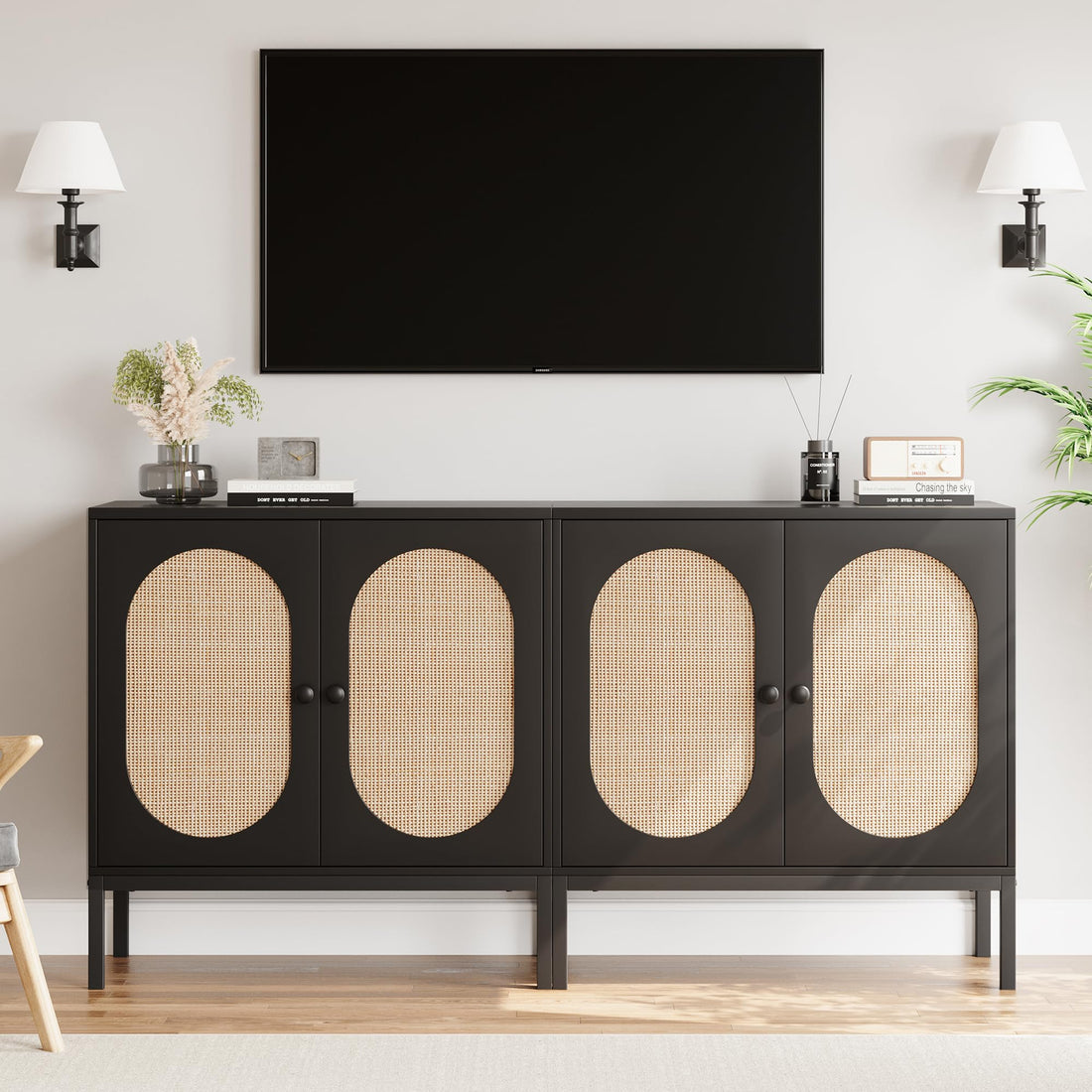 Mobile buffet Garvee in rattan con ante e ripiani, intrecciato a mano, in legno MDF, cassettiera decorativa nera per soggiorno e sala da pranzo, 31,5"x15,7"x32,6", nero