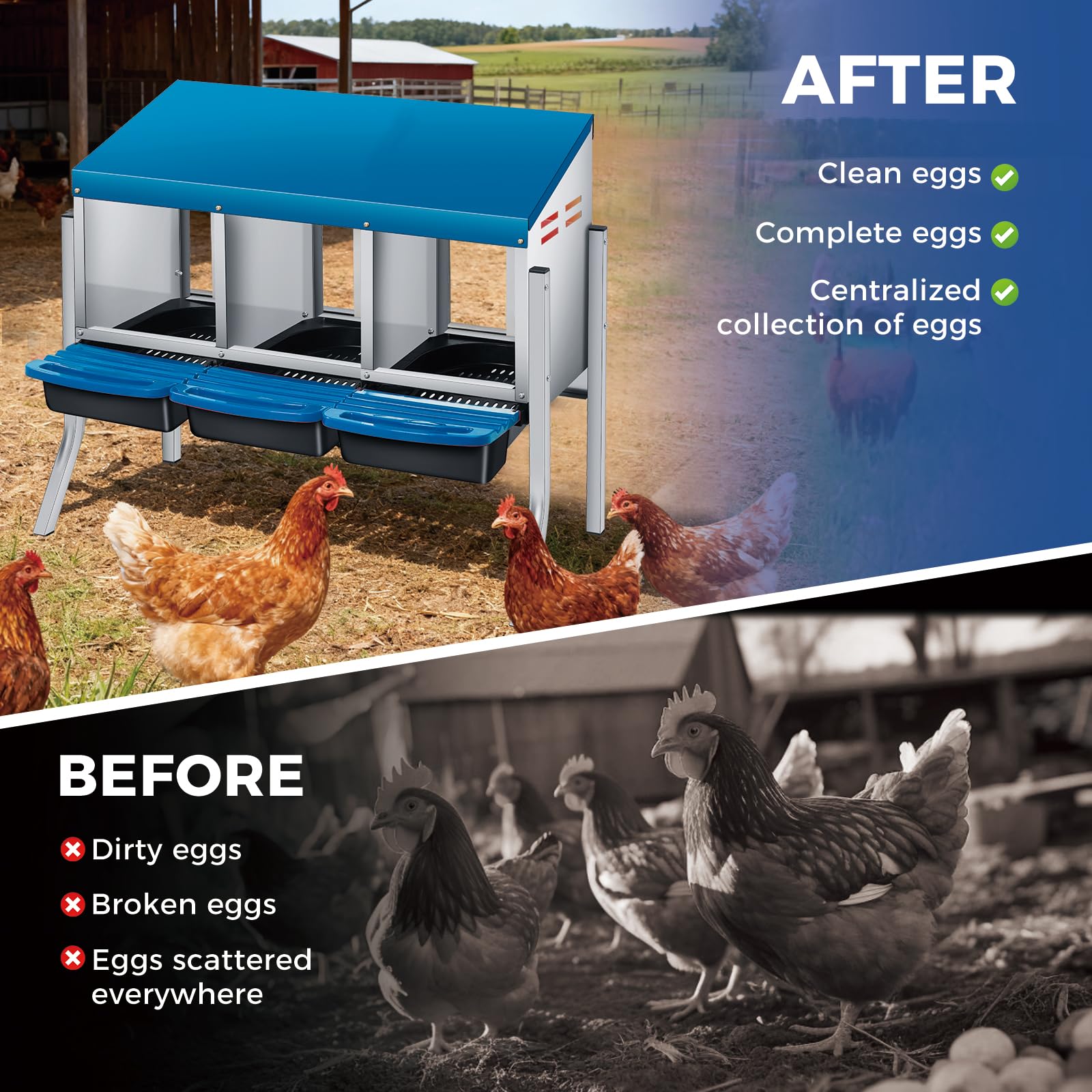 Nido per polli Garvee a 3 fori in acciaio inox con vassoio rimovibile per fattoria e giardino, robusto, facile da pulire, argento