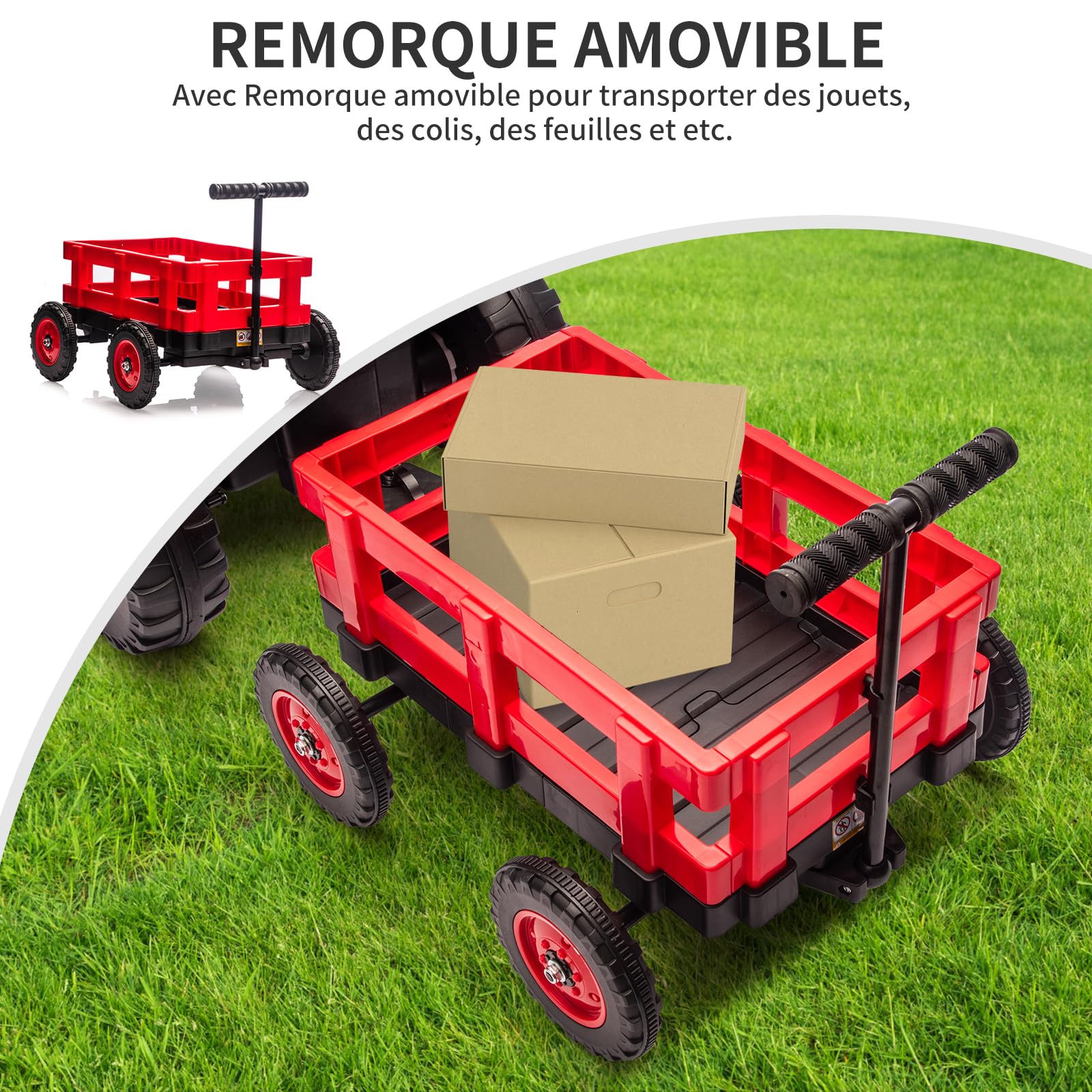 Trattore elettrico per bambini Garvee 12V con rimorchio staccabile, telecomando, doppi motori, fari a LED per giardino e cortile, 6 pneumatici, multicolore