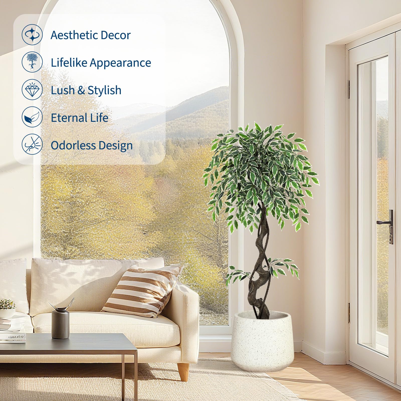 Albero di ficus artificiale Garvee da 4 piedi con oltre 700 foglie di seta, robusto vaso in ceramica per interni, esterni, soggiorno, ufficio, arredamento verde bianco