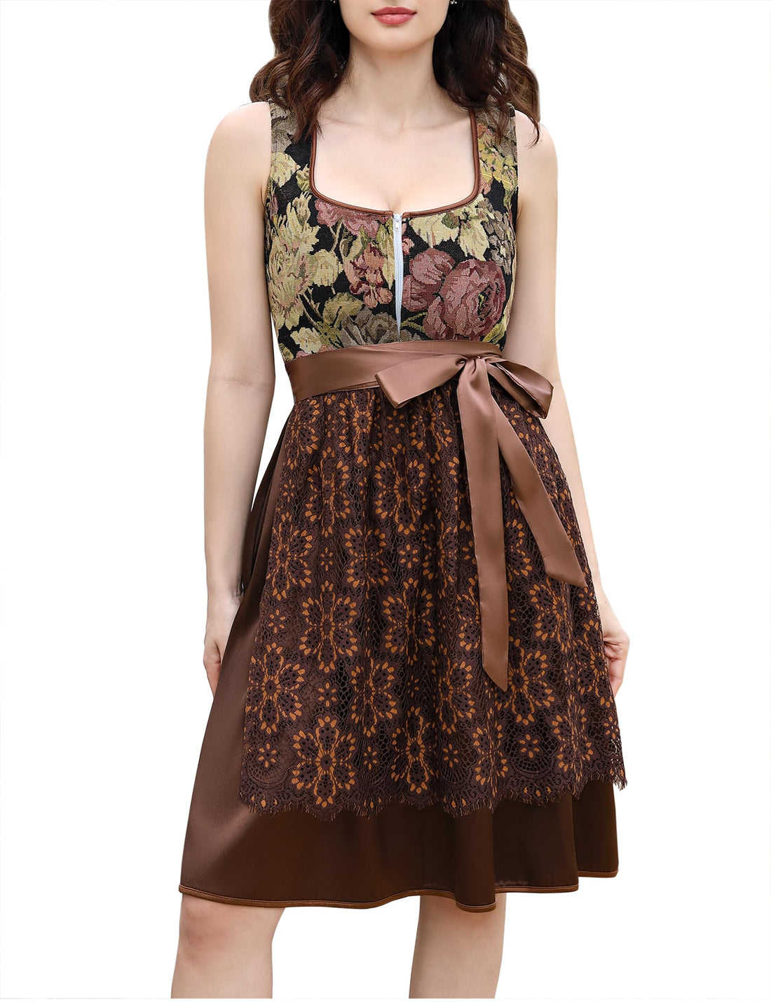 Garvee Midi Dirndl Elegante abito tradizionale dell'Oktoberfest per donna con grembiule in pizzo Marrone/Nero, taglie 34-48