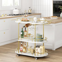Carrello bar Garvee Gold con 4 ripiani, portabottiglie, portabicchieri, struttura in metallo, MDF effetto marmo, ruote con freni, mobile per cucina e soggiorno, oro, altezza 37 pollici