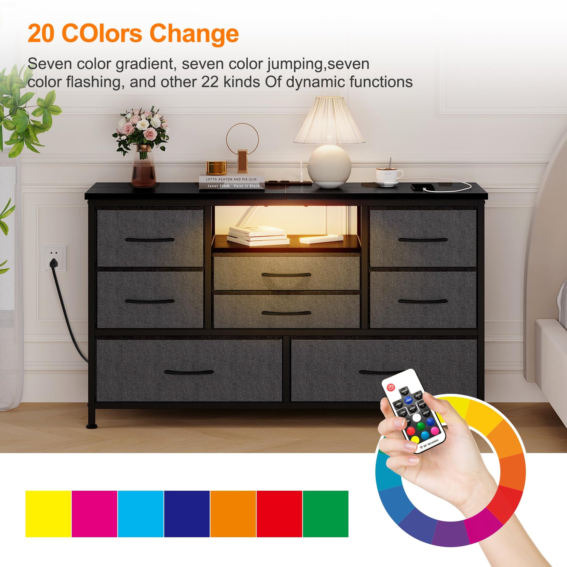 Cassettiera in tessuto Garvee con 8 cassetti, porta TV con prese LED per camera da letto, soggiorno, TV da 55'' in MDF beige