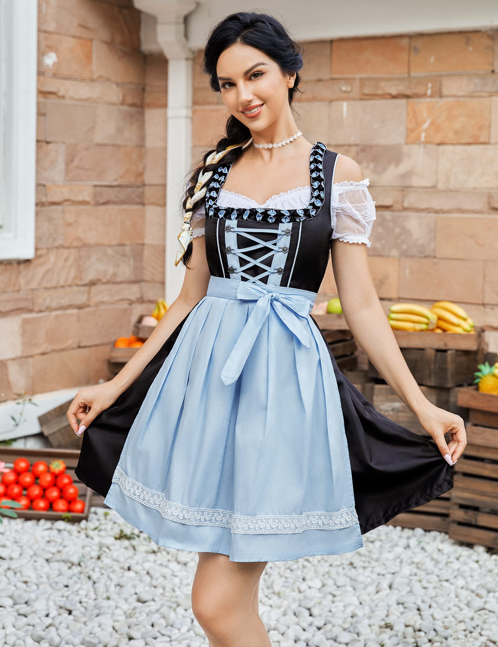 Garvee - Abito tradizionale corto Dirndl in 3 pezzi per l'Oktoberfest, blu, taglia 36