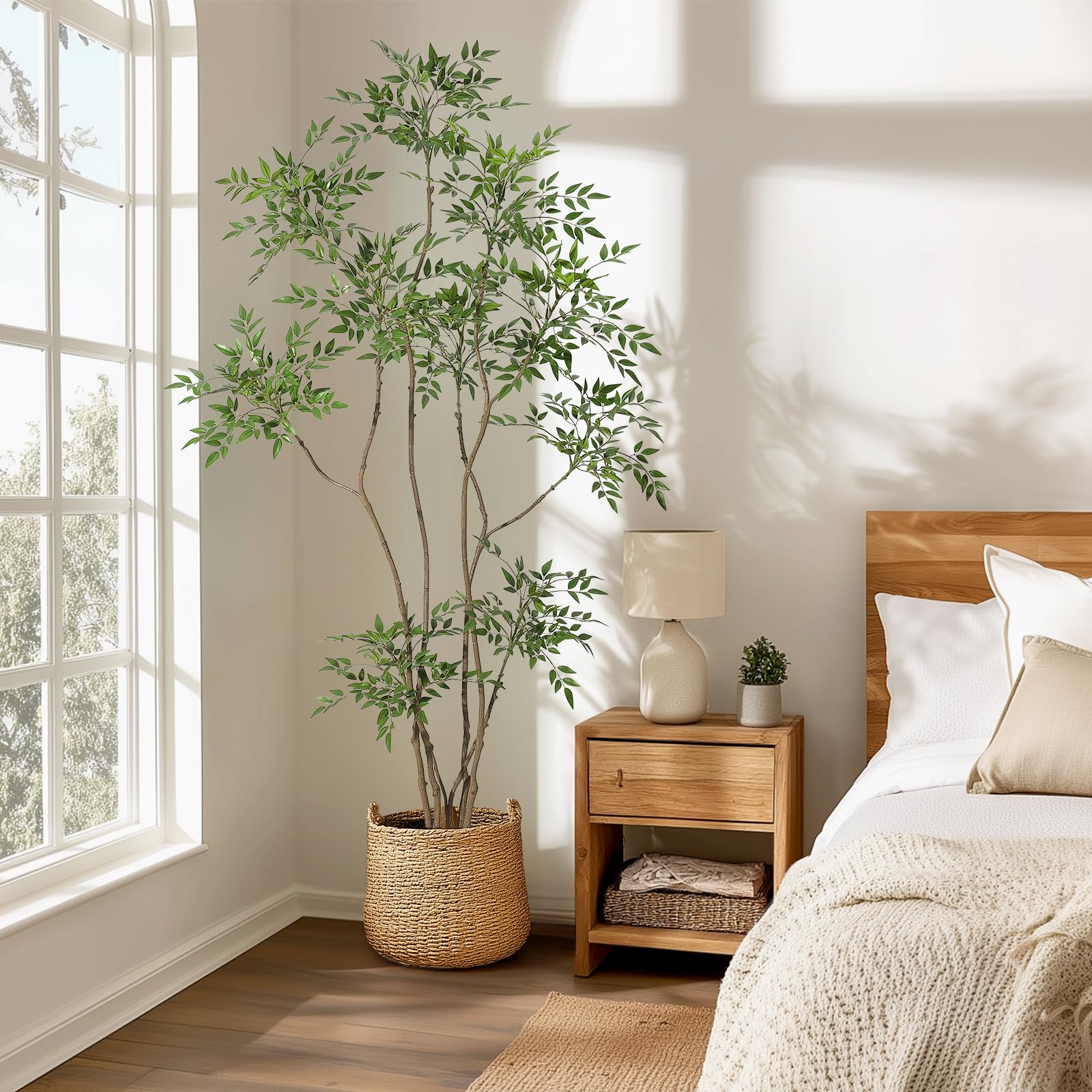 Pianta artificiale da interno Garvee, albero Nandina da 2,1 m con vaso bianco, realistica, facile da pulire, in plastica, decorazione per soggiorno e ufficio