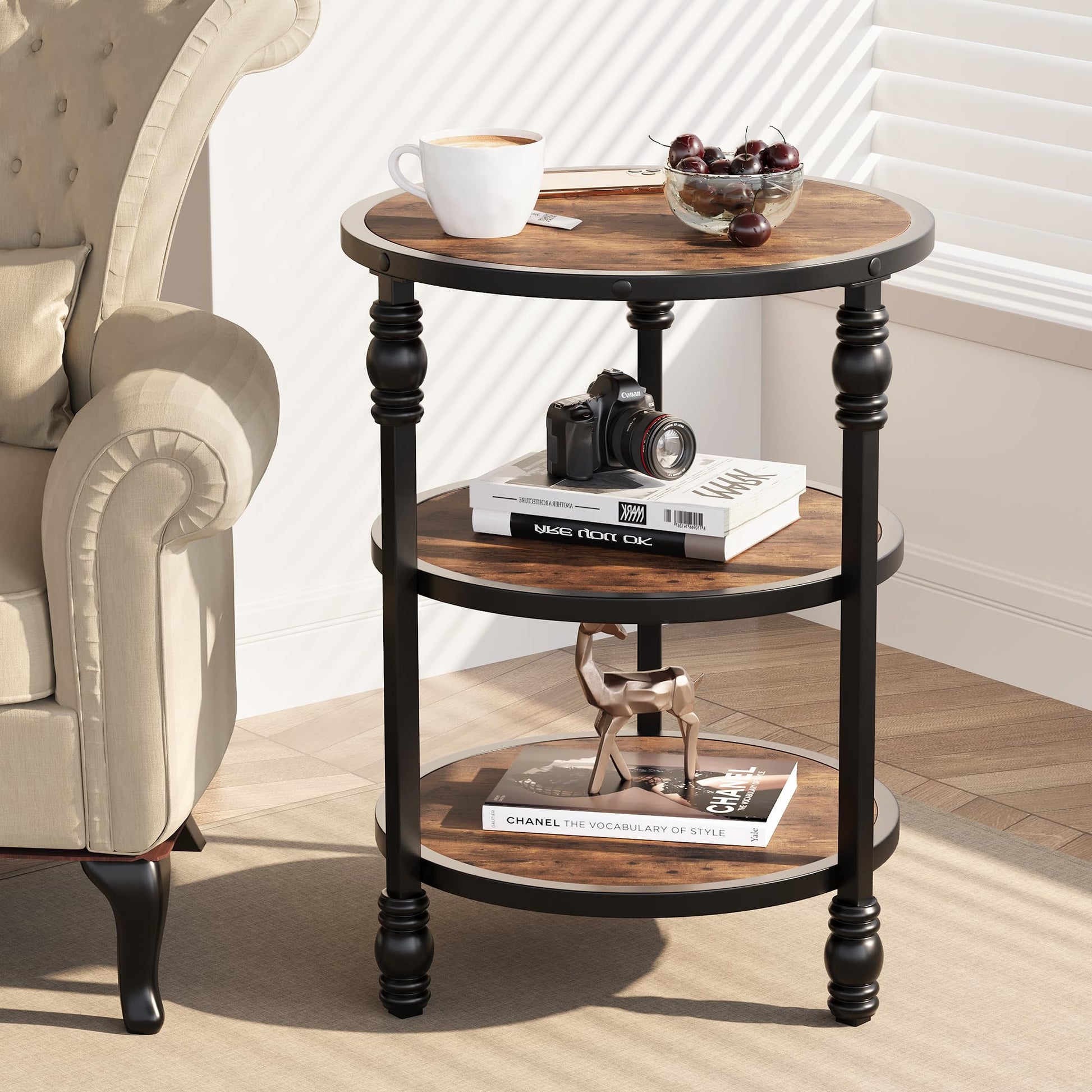 Tavolino rotondo Garvee con 3 ripiani, gambe di supporto in metallo, legno MDF rustico, marrone, per soggiorno e camera da letto