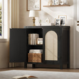 Garvee Credenza Buffet in Rattan con Ripiani Regolabili e Cassetto, Legno Massello, Stile Boho per Cucina e Soggiorno, Naturale - Black