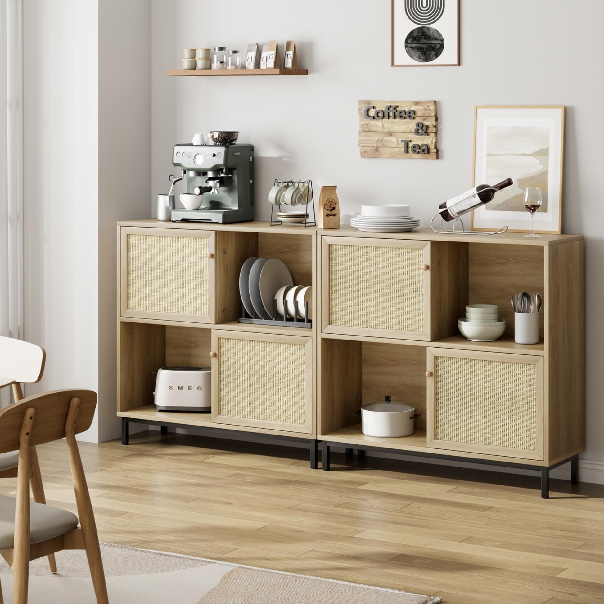 Garvee Buffet Sideboard In Legno Con 2 Porte In Rattan, 2 Ripiani, Piedi Stabili, Multiuso Per Soggiorno E Cucina, Rustico, Naturale