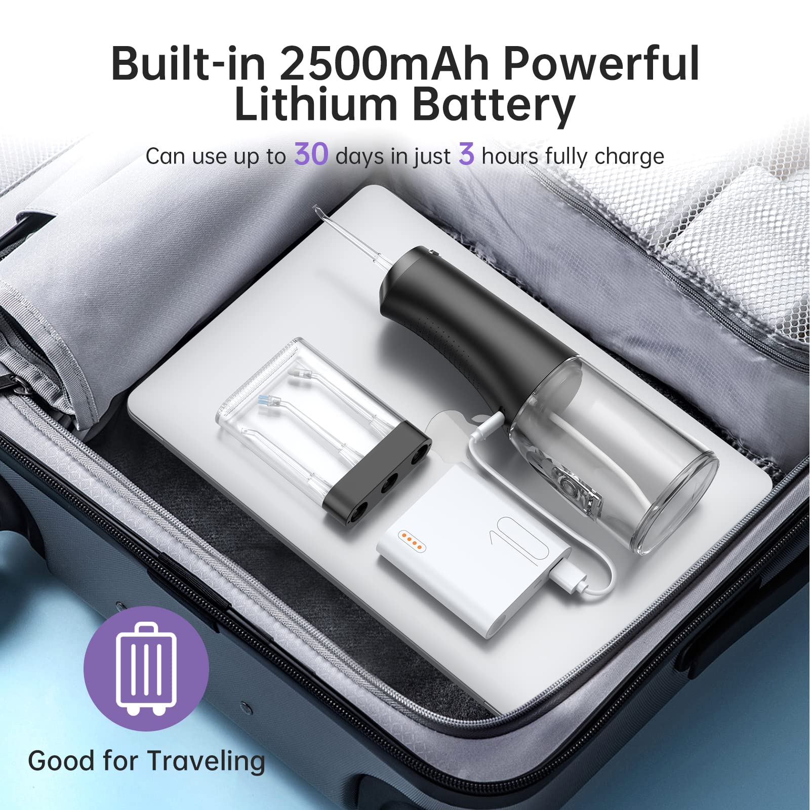 Garvee 300 ml Filo interdentale portatile senza fili con 4 modalità e 4 ugelli per casa e viaggio, ricarica rapida USB, impermeabile IPX7, batteria da 2500 mAh, nero