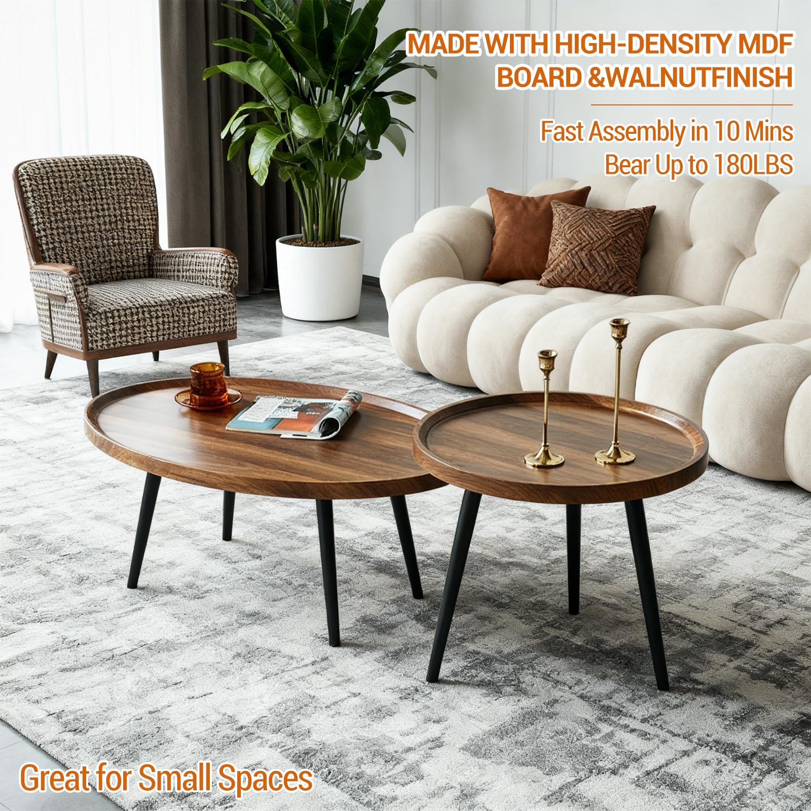 Tavolini da caffè Garvee Nesting Set da 2, Noce, Mid-Century Modern, Impilabili, MDF, Gambe in Metallo, Soggiorno, Balcone