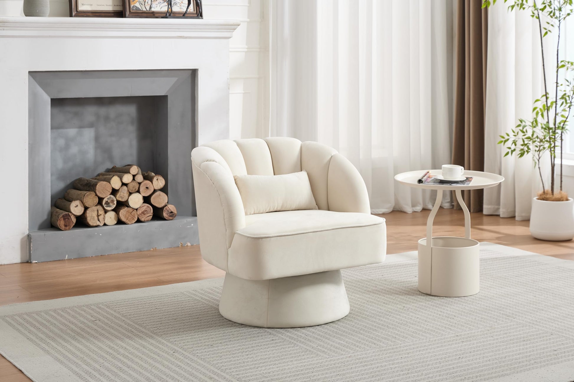 Poltrona girevole moderna Garvee a forma di botte, con rivestimento in velluto beige a 360°, per soggiorno e camera da letto