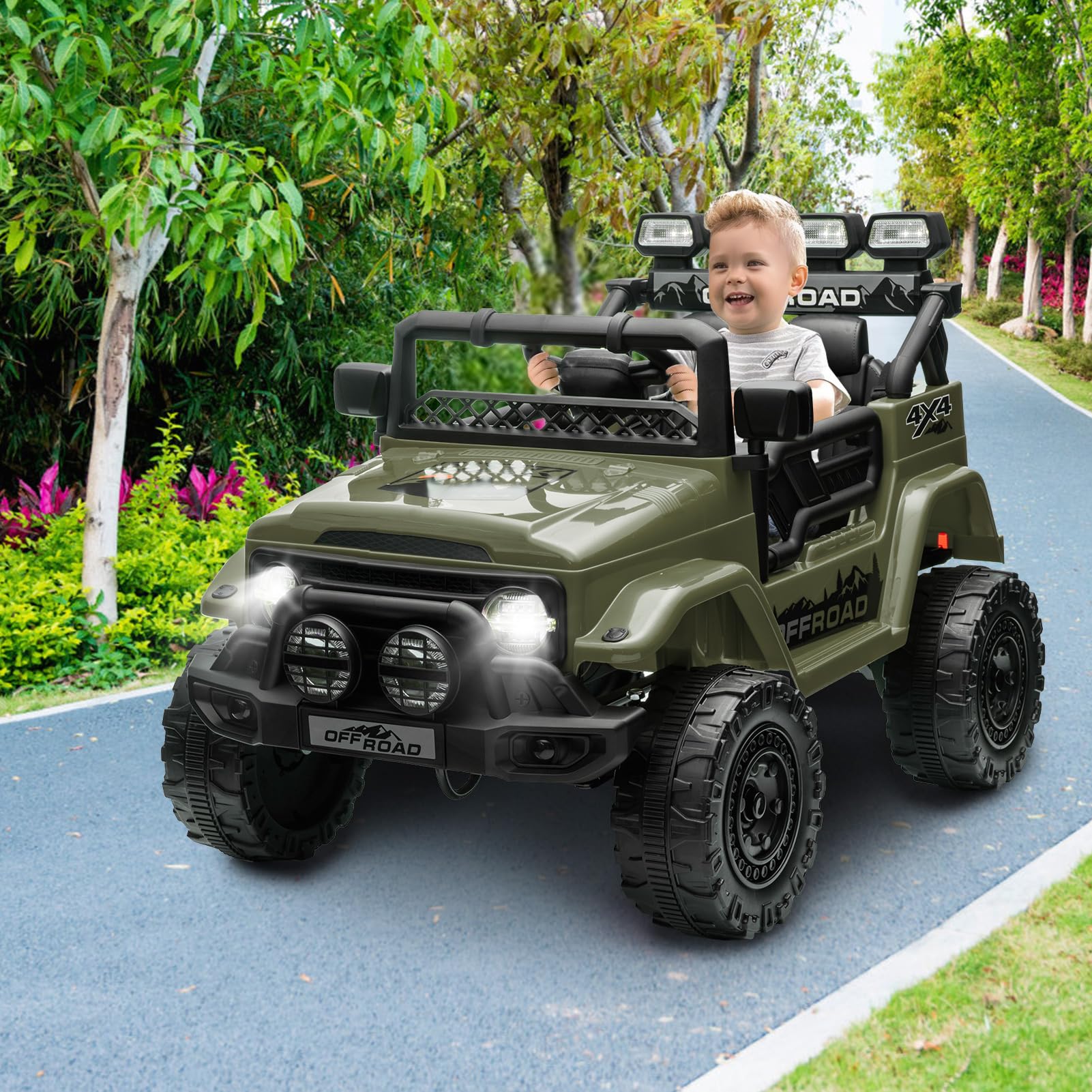 Garvee 12V Auto elettrica per bambini verde militare con LED e Bluetooth per parco giochi, giardino e guida su strada