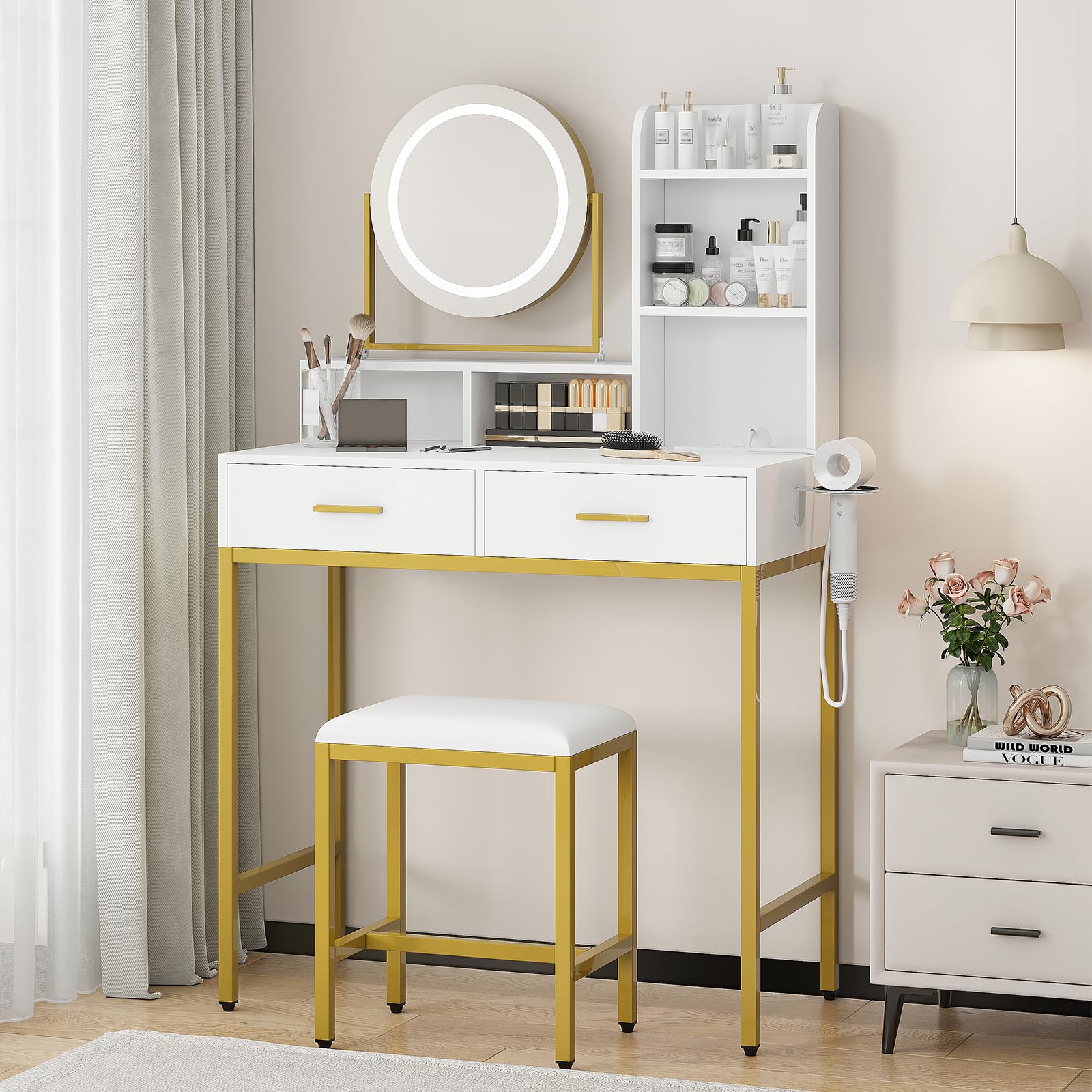 Garvee - Sgabello da parrucchiere moderno con specchio girevole a 360°, porte USB, 2 cassetti, in legno, comodo sgabello per camera da letto e spogliatoio, bianco e nero