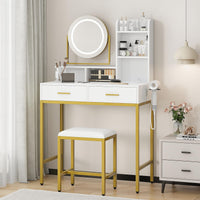 Garvee - Sgabello da parrucchiere moderno con specchio girevole a 360°, porte USB, 2 cassetti, in legno, comodo sgabello per camera da letto e spogliatoio, bianco e nero