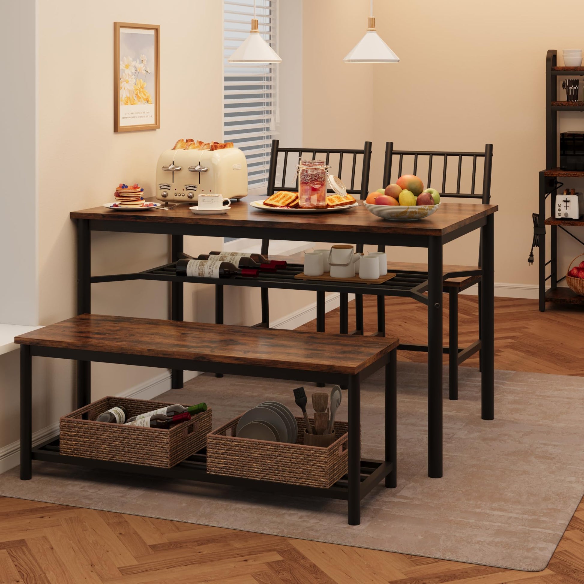 Set da pranzo Garvee per 4 persone con portabottiglie, tavolo rettangolare marrone retrò, MDF e acciaio, salvaspazio, ideale per appartamenti