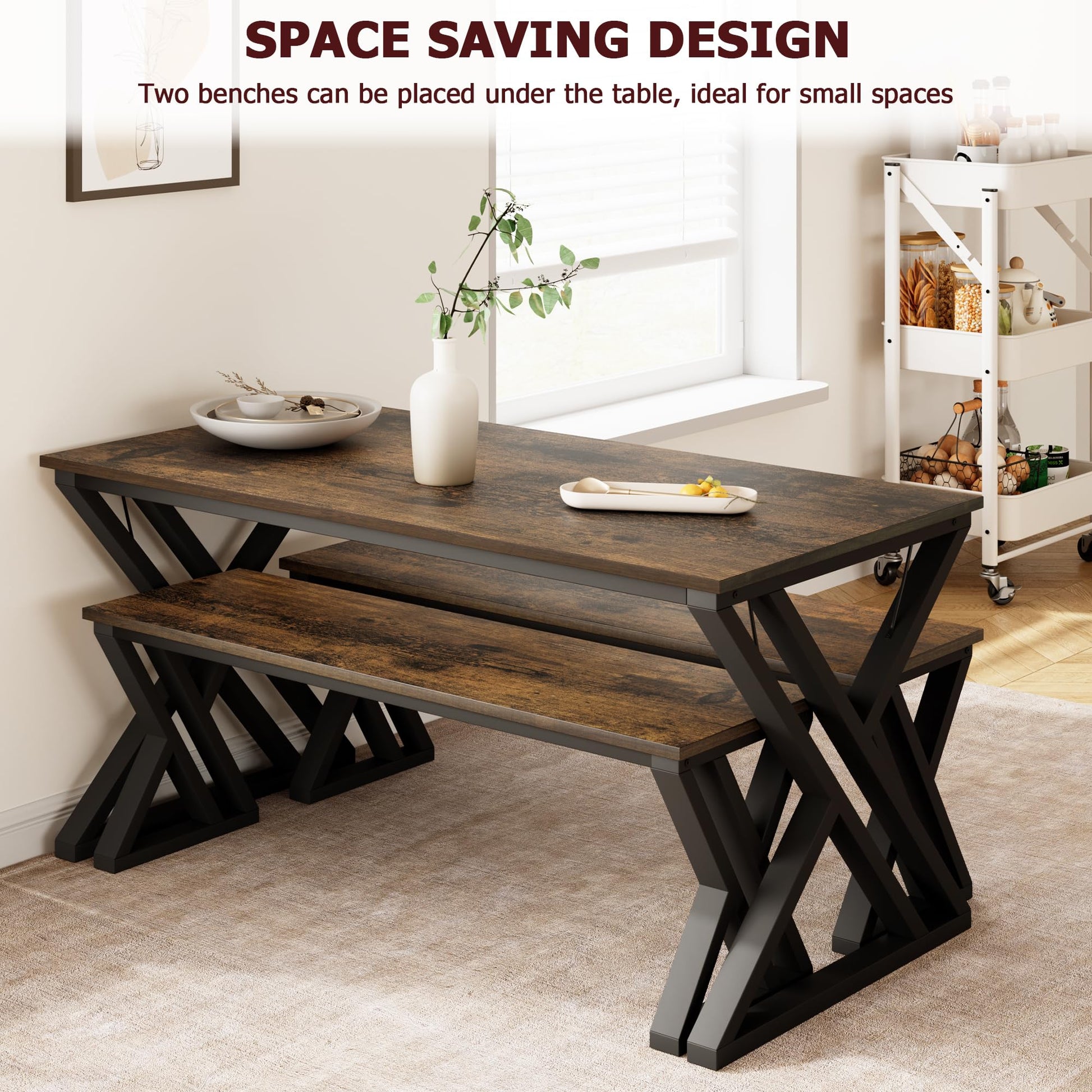 Tavolo da pranzo Garvee con 2 panche, struttura in metallo, legno MDF, antigraffio per cucina e sala da pranzo, salvaspazio, marrone