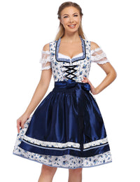 Garvee Dirndl tradizionale da donna per l'Oktoberfest, abito con gonna midi, camicetta e grembiule, motivo floreale, blu navy, taglia M